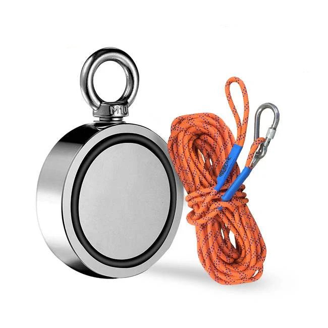 Pack aimant néodyme double face 400 kg - 2x200 kg avec corde 20 m pêche à l'aimant - Detecteurpro.fr